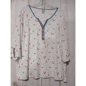 Collection L Button Henley Top White Red Racket Print 3/4 Sleeve‎ Blouse